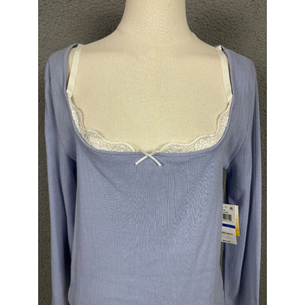 Sugar Moon Juniors' Womens Layered-Look Pointelle Knit Top Blue Size Large NWT's - Picture 2 of 8